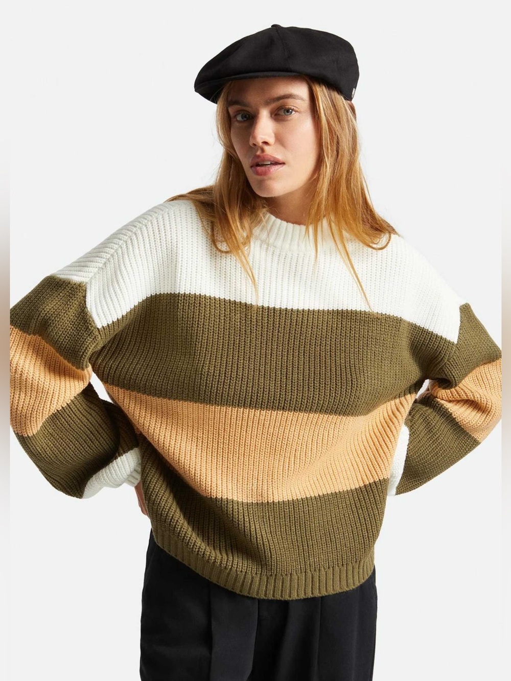 Brixton Madero Crew Neck Loose Fit Sweater in Military Olive Stripe XL